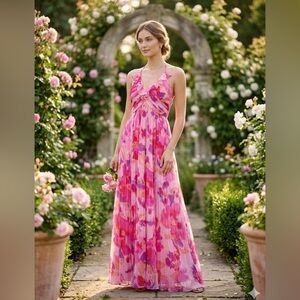 Boston Proper NEW Floral Watercolor Halter Maxi Dress size 6